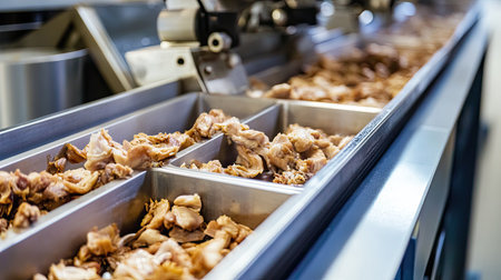 Automated machines separating chicken parts into containers on a clean conveyor belt. Space for text available.の素材