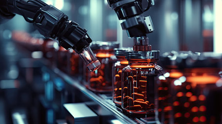 Automated robotic arms sealing supplement jars on an assembly line, leaving ample space for text.の素材