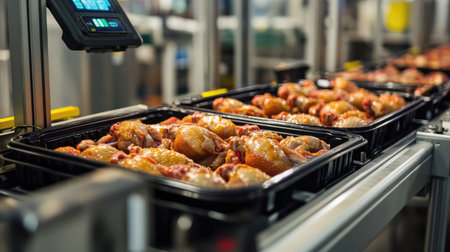 Packed chicken trays with barcode labels moving through a scanner in a high-tech production facility.の素材