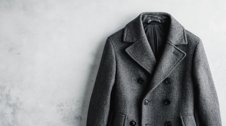 A stylish pea coat positioned neatly on a white table with ample space around it for design or marketing text.の素材