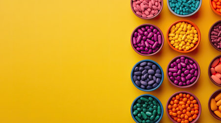 Close-up of colorful capsules and tablets in small bowls arranged symmetrically with room for copy space.の素材