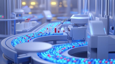 Capsule-filling machines in a sterile production line surrounded by bottles, leaving space for copy.の素材