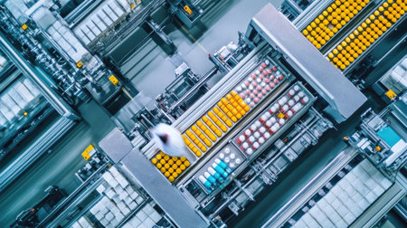 Overhead view of sorting machines organizing tablets by size and color in a high-tech factory, leaving copy space.の素材