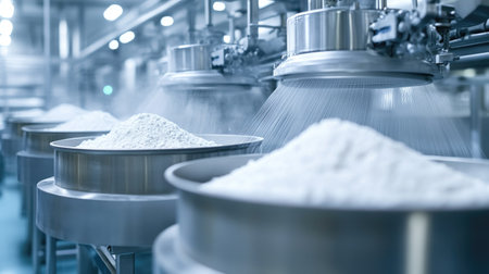 Industrial-grade powder sifters in action in a modern supplement production factory, with room for text.の素材