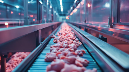 Conveyor belts loaded with raw chicken pieces moving into an automated freezing tunnel. Ample copy space.の素材