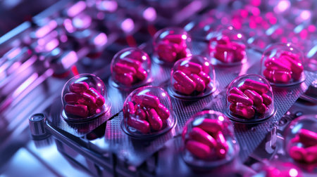 Capsule-filling machines in a sterile production line surrounded by bottles, leaving space for copy.の素材