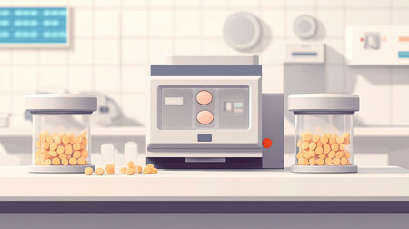 Industrial-grade tablet manufacturing equipment with open containers of pills, leaving room for text.の素材