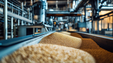 High-tech machinery sorting and processing grains in a factory. No people, copy space.の素材