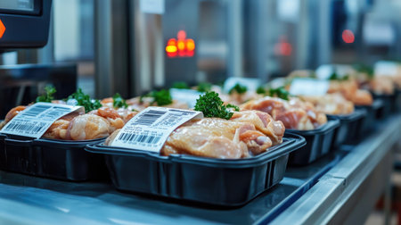 Packed chicken trays with barcode labels moving through a scanner in a high-tech production facility.の素材