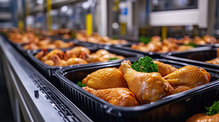 Packed chicken trays with barcode labels moving through a scanner in a high-tech production facility.の素材