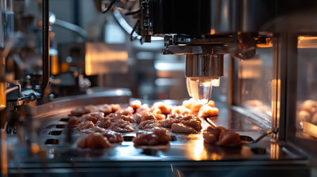Industrial machines deboning raw chicken parts in a sterile poultry processing factory. Ample copy space available.の素材