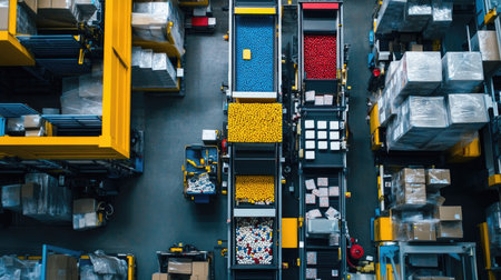 Overhead view of sorting machines organizing tablets by size and color in a high-tech factory, leaving copy space.の素材