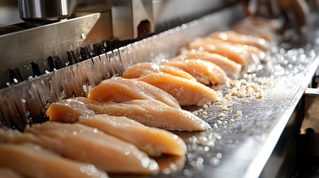 Industrial-grade slicers cutting chicken fillets with precision in a clean poultry processing plant.の素材