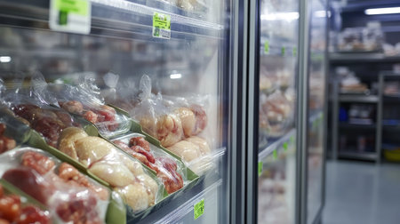 Large industrial freezers storing vacuum-packed chicken products in a clean, organized factory setting.の素材