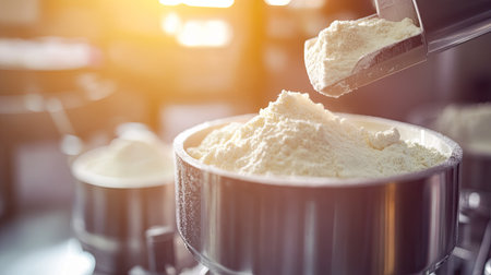 Powdered supplements being poured into industrial mixers under bright, sterile lighting with copy space.の素材