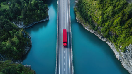 Expansive aerial scene of transport trucks moving across a river bridge with a vivid blue lake and copy space.の素材