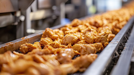 Packed and labeled chicken products moving through a conveyor system in a high-speed production facility.の素材