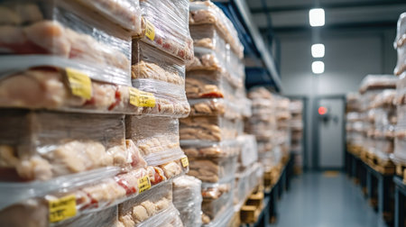 Neatly packaged chicken products stacked on pallets in a refrigerated section of a modern factory. Copy space available.の素材