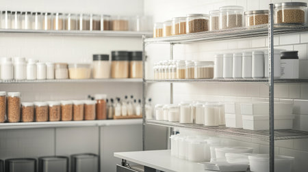 Raw ingredient containers arranged systematically in a sterile production room with copy space.の素材