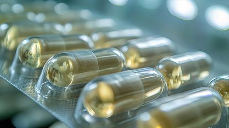 Transparent capsules being aligned in a precision machine, ready for filling, with a clean background.の素材