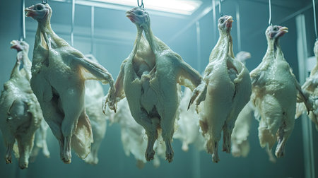 Raw chicken carcasses hanging on hooks in a production line, set in a modern, sterile factory. Copy space included.の素材