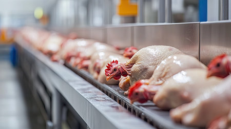 Stainless steel conveyor belts moving freshly processed chicken carcasses in a modern factory setting.の素材