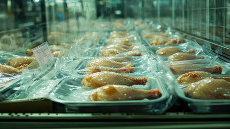 Robotic systems packaging raw chicken wings in trays with film sealing in a high-speed production facility.の素材