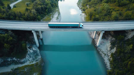 Stunning drone shot of a highway bridge with large trucks over a tranquil river, leaving ample copy space.の素材