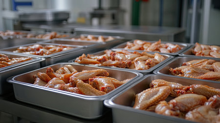 Stainless steel trays filled with neatly arranged raw chicken wings on a conveyor line in a sterile facility.の素材