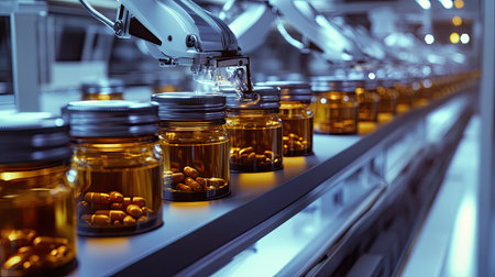 Rows of supplement jars being shrink-wrapped by robotic arms in a high-tech production line, with copy space.の素材