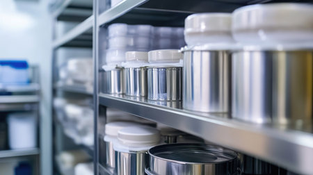 Raw ingredient containers arranged systematically in a sterile production room with copy space.の素材