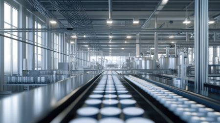 Rows of supplement containers being filled in a modern automated factory, with ample copy space.の素材