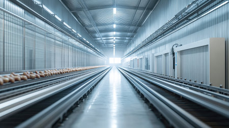 Rows of conveyor belts transporting chicken drumsticks in a clean, bright industrial setting. Copy space included.の素材