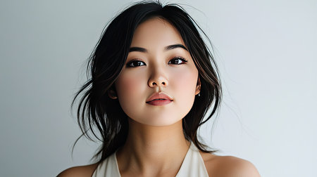 A captivating portrait of a young woman showcasing natural beauty and elegant style. The soft lighting highlights her features, creating a serene atmosphere.の素材