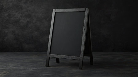 A stylish black A-frame chalkboard stand set against a dark concrete background, perfect for displaying menus or messages in a modern setting.の素材