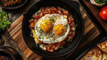 A delightful sizzling skillet showcases perfectly cooked eggs atop crispy bacon. This mouthwatering breakfast dish is ideal for food enthusiasts seeking delicious comfort food.の素材