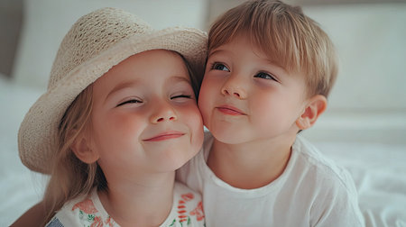 Two young children share a joyful moment, smiling brightly at the camera. Their innocent expressions radiate warmth and affection, capturing the essence of childhood.の素材