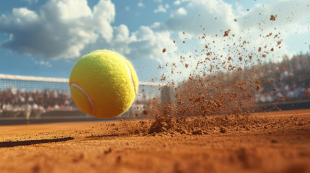 A tennis ball bounces dynamically on a clay court, kicking up dust in the sunlight. The scene captures the intensity of the sport with a vibrant background.の素材