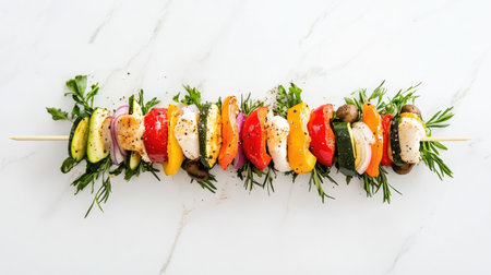 Vibrant vegetable skewers featuring fresh herbs and seasonal vegetables ideal for grilling. Perfect for summer gatherings or healthy meal options.の素材
