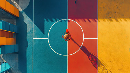 This vibrant aerial view captures a colorful basketball court with distinct sections and shadows. The image highlights recreational activity and urban design.の素材