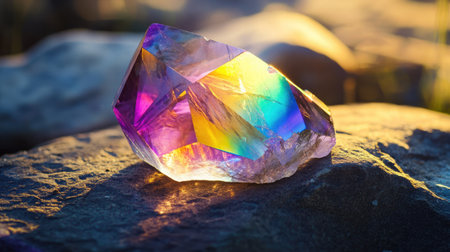 A stunning rainbow crystal rests on a rocky surface, illuminated by natural sunlight. The vivid colors and sparkling reflections showcase nature's exquisite beauty.の素材
