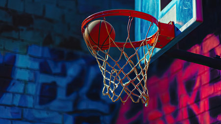 A close-up view of a basketball hoop with a ball on the edge, capturing the moment of a potential score in a vibrant urban setting.の素材