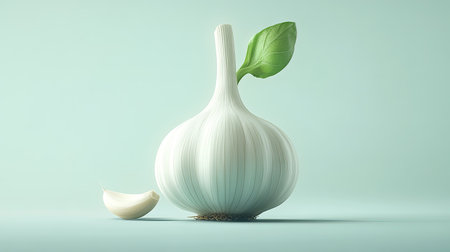 This elegant garlic bulb with a green leaf rests on a soft green background, showcasing minimalism in food photography. Perfect for culinary and health themes.の素材