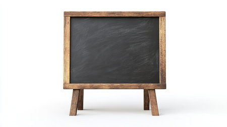 This image features an empty chalkboard with a rustic wooden frame on a clean white background, perfect for educational and creative purposes.の素材