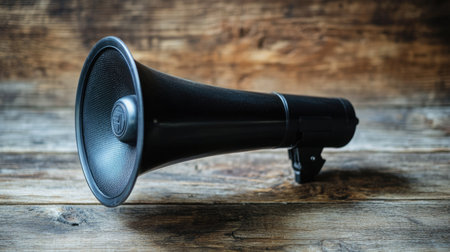 A vintage black megaphone rests on a rustic wooden surface, showcasing its classic design and appeal. Perfect for announcements or artistic projects.の素材