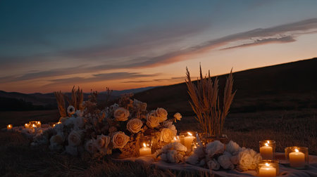 A charming outdoor arrangement featuring white roses and candles against a stunning sunset backdrop. This serene setting captures romance and elegance, perfect for events.の素材