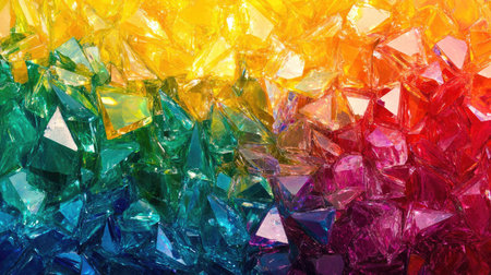 A stunning background featuring an array of colorful gemstones in a vibrant rainbow spectrum. The image showcases a rich texture, reflecting light beautifully.の素材