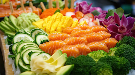 A stunning display of fresh sushi, vibrant vegetables, and colorful garnishes, perfect for any dining occasion or food-related project.の素材
