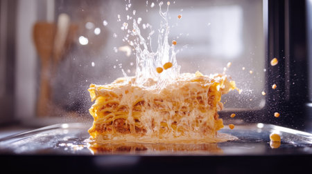 A steaming lasagna with layers of melted cheese and bubbling sauce erupts in a delicious explosion, showcasing the comfort of homemade Italian cuisine.の素材