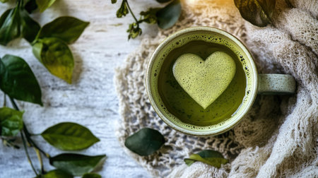 A serene view of a heart-shaped matcha latte in a cozy cup, surrounded by green leaves and soft textures, perfect for wellness and relaxation themes.の素材